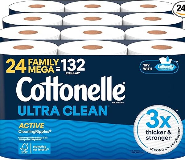 Cottonelle Ultra Clean Toilet Paper with Active CleaningRipples Texture, Strong Bath Tissue, 24 Family Mega Rolls = 132 Regular Rolls (4 Packs of 6)